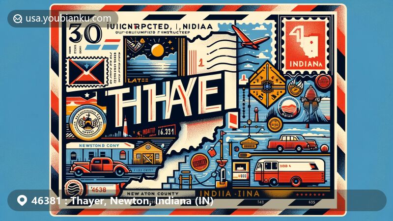 Modern illustration of Thayer, Newton County, Indiana, showcasing postal theme with ZIP code 46381, featuring iconic Indiana elements and rich historical symbols.