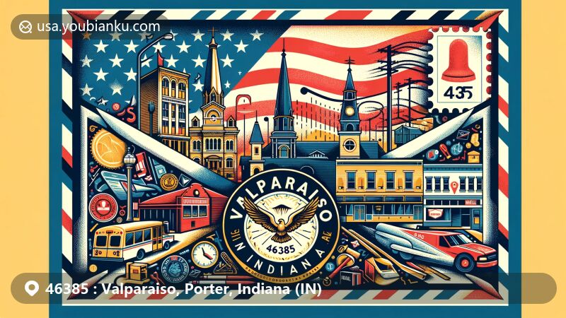 Creative illustration of Valparaiso, Porter County, Indiana, featuring modern postal theme with landmarks like downtown Lincolnway, the Valparaiso flag, and Valparaiso Moraine landscape.