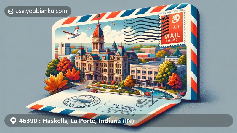 Whimsical illustration of Haskells, La Porte, Indiana, showcasing postal theme with ZIP code 46390, highlighting LaPorte County Courthouse, downtown area, and Indiana and Michigan Avenues Historic District.