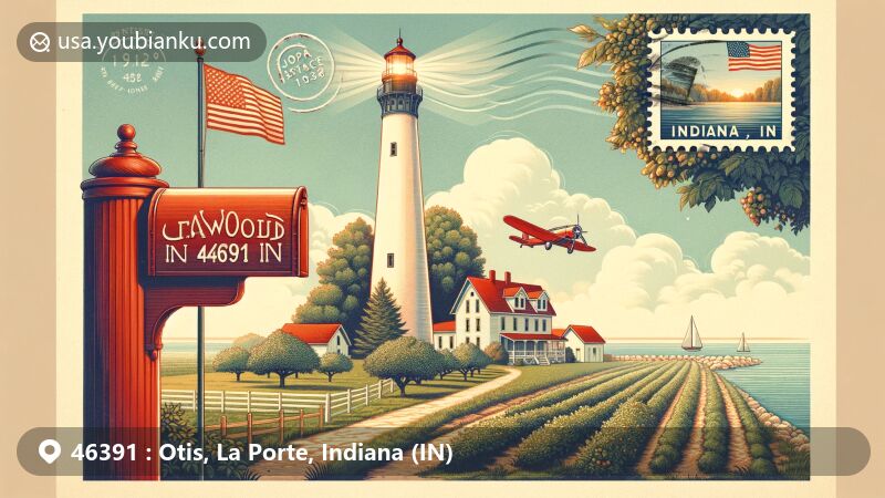 Modern illustration of Otis, La Porte County, Indiana, showcasing the Michigan City Lighthouse and Garwood Orchards, with vintage postcard-style background featuring postal elements like a stamp and postmark, Indiana state flag, and a red mailbox, capturing the essence of ZIP code 46391.