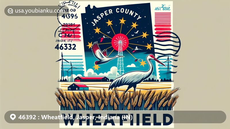 Modern illustration of Wheatfield, Jasper County, Indiana, showcasing postal theme with ZIP code 46392, featuring Sandhill Crane Festival symbols and Indiana state references.