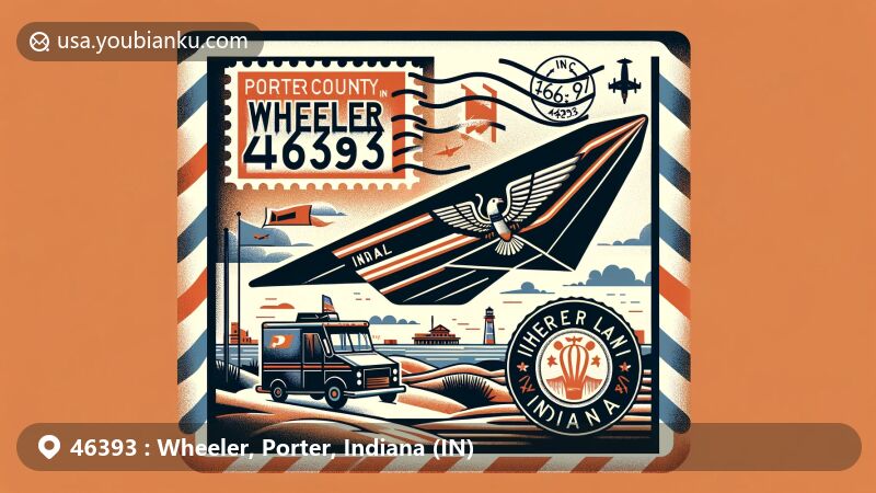 Modern illustration of Wheeler, Porter County, Indiana, representing ZIP code 46393 with air mail theme and emphasis on Wheeler High School, Indiana Dunes, and state flag.