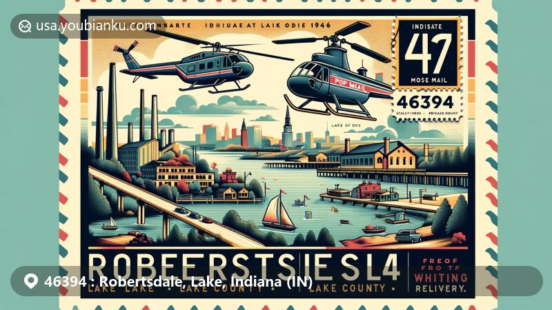 Modern illustration of Robertsdale, Lake County, Indiana, capturing the essence of ZIP code 46394 with a vibrant blend of natural beauty and cultural heritage, featuring iconic landmarks, postal theme, and references to the area's Slavic roots.