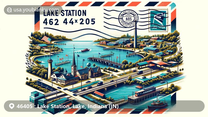 Modern illustration of Lake Station, Indiana, highlighting postal theme with ZIP code 46405, featuring scenic landscape, highways (Interstate 65, Interstate 80, Interstate 90, Interstate 94, U.S. Route 6, U.S. Route 20), Grand Boulevard Lake, and Deep River.