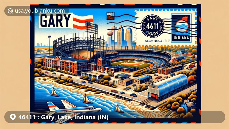 Modern illustration of Gary, Indiana area, ZIP code 46411, highlighting cultural and sporting heritage with landmarks like U.S. Steel Yard, Marquette Park, and Aquatorium, showcasing postal theme with airmail envelope featuring local symbols.
