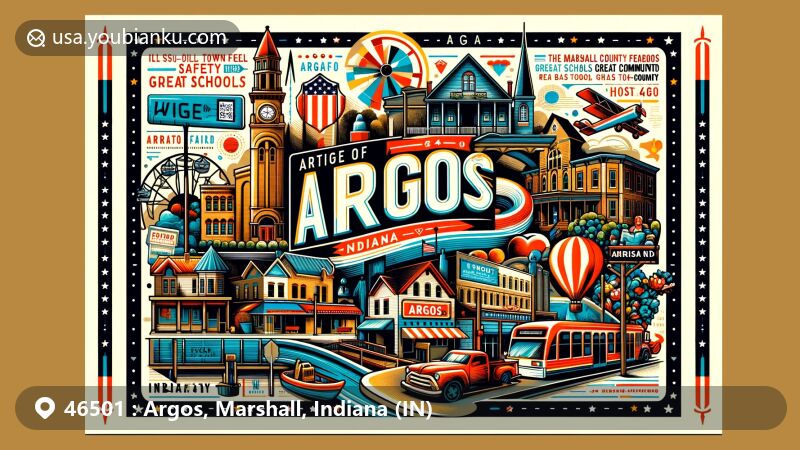 Modern illustration of Argos, Indiana, with ZIP code 46501, showcasing Downtown Historic District and Marshall County Fair, blending cultural elements and postal themes.