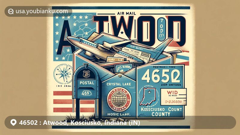 Modern illustration of Atwood, Indiana, showcasing a postal theme with ZIP code 46502, featuring Crystal Lake and Kosciusko County map, along with a classic American mailbox and Indiana state flag elements.