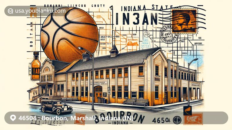 Modern illustration of Bourbon, Indiana, integrating Hoosier basketball history and postal themes, featuring the iconic Bourbon Gym and postal motifs like air mail envelope, stamps, and ZIP code 46504.