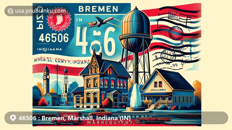 Modern wide-format illustration of Bremen, Marshall County, Indiana, showcasing Bremen Water Tower and Dietrich-Bowen House, National Register of Historic Places landmarks, in postcard style with air mail envelope design and postal elements.