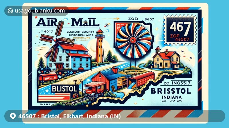 Modern illustration of Bristol, Indiana, featuring air mail envelope with postal theme and ZIP code 46507, highlighting Elkhart County Historical Museum, Bonneyville Mill, and Amish community influence.
