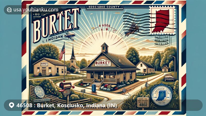 Modern illustration of Burket, Indiana, showcasing postal theme with ZIP code 46508, featuring vintage air mail envelope and rural landscape emblematic of town's charm.