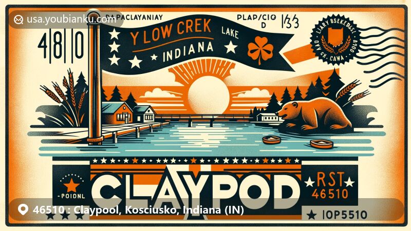 Modern illustration of Claypool, Indiana, showcasing Yellow Creek Lake, Beaver Dam Lake, and the town flag designed by local students, featuring postal theme with ZIP code 46510.