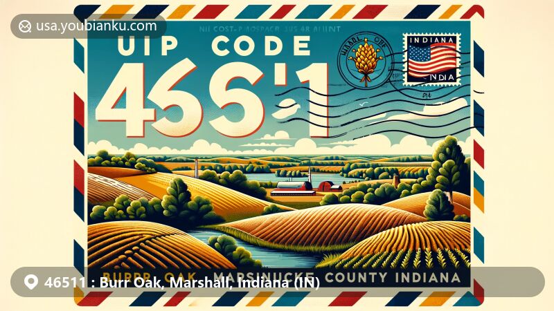 Modern illustration of Burr Oak, Marshall County, Indiana, capturing the essence of rural Indiana with postcard theme and ZIP code 46511, featuring Lake Maxinkuckee and Yellow River.