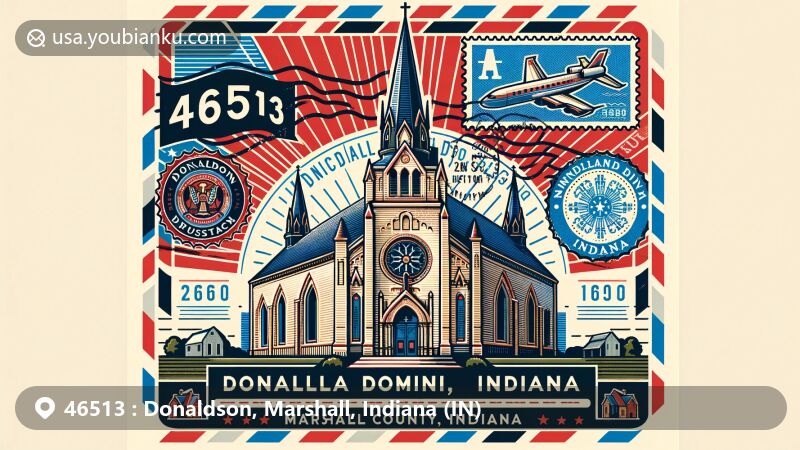 Modern illustration of Donaldson, Marshall County, Indiana, showcasing postal theme with ZIP code 46513, featuring the Ancilla Domini Chapel as a central landmark.