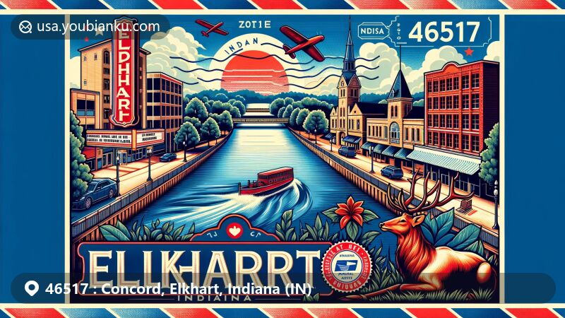 Modern illustration of Elkhart, Indiana with ZIP code 46517, featuring St. Joseph River, Lerner Theatre, and postal elements like airmail envelope and postmark stamp.