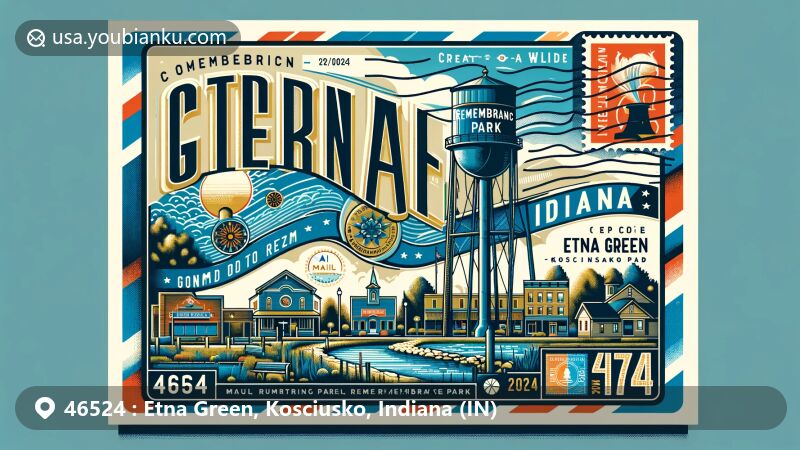 Modern illustration of Etna Green, Indiana, highlighting unique landmarks like Remembrance Park, mural, and water tower, inspired by vintage air mail design with Indiana state flag colors.