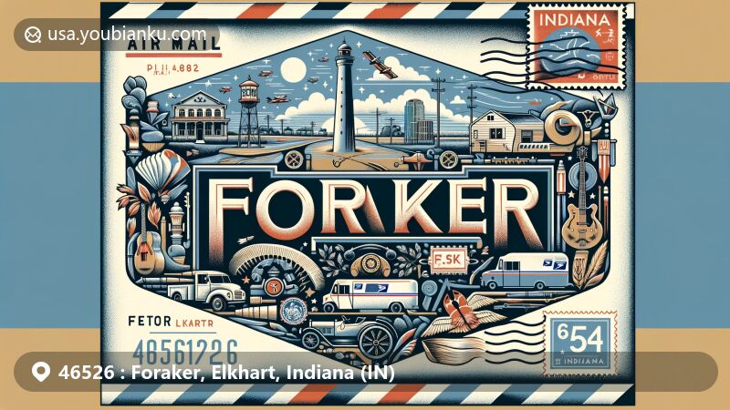Modern illustration of Foraker, Elkhart, Indiana, framed in an air mail envelope, featuring ZIP code 46526, highlighting unincorporated status, musical heritage, RV industry, Indianapolis Motor Speedway, and Indiana state symbols.