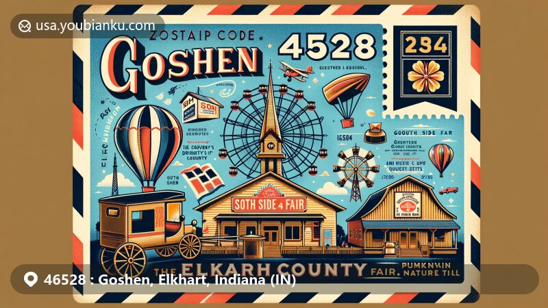 Modern illustration of Goshen, Elkhart County, Indiana, featuring a vintage airmail envelope with Elkhart County 4-H Fair, Amish influences, South Side Soda Shop, and Pumpkinvine Nature Trail.