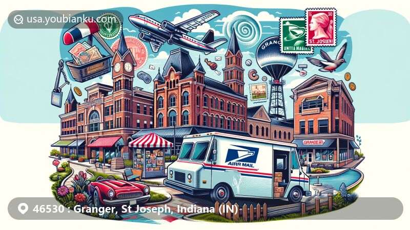 Modern illustration of Granger, Indiana, showcasing local features and postal elements with Heritage Square and St. Joe Farm, vintage air mail envelope, St. Joseph River and Notre Dame Stadium stamps, postal truck, and mailbox.