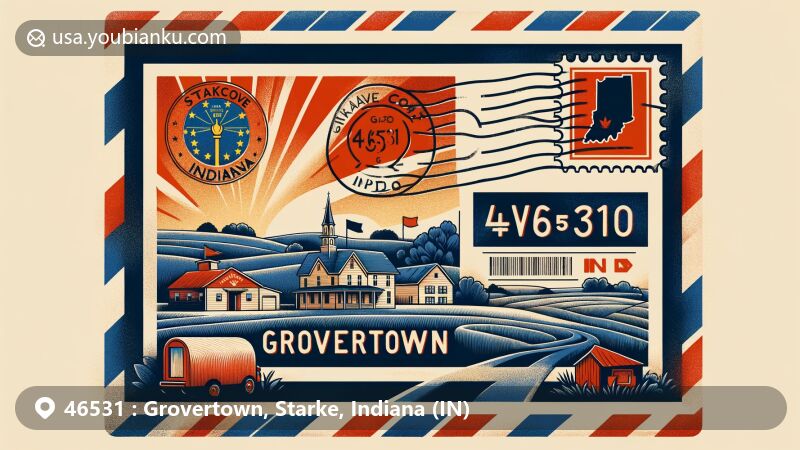 Modern illustration of Grovertown, Starke County, Indiana, showcasing postal theme with ZIP code 46531, featuring Indiana state flag, map outline, and vintage air mail elements.