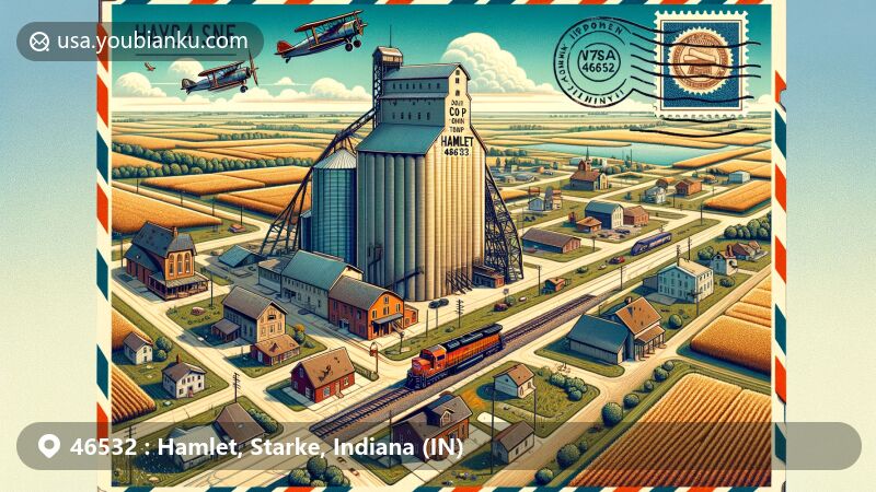 Modern illustration of Hamlet, Indiana, showcasing postal theme with ZIP code 46532, featuring CO-OP grain elevator, railroad motifs, Indiana state flag, and rural landscape.