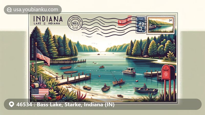 Modern postcard-style illustration of Bass Lake, Starke County, Indiana, highlighting the natural beauty of the area with clear waters, lush surroundings, and leisure activities like boating and fishing.
