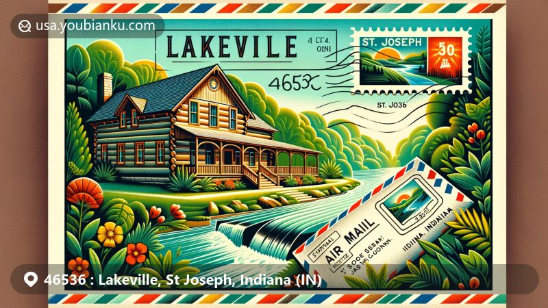 Modern illustration of Lakeville, St Joseph County, Indiana, featuring postal theme with ZIP code 46536, showcasing Hardy Manual Log House and Indiana's natural beauty.