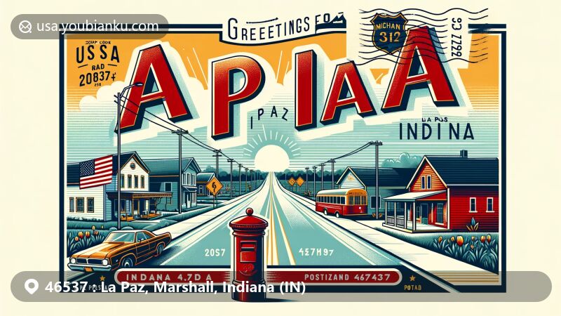 Modern illustration of La Paz, Marshall County, Indiana, displaying vintage postcard theme with ZIP code 46537, featuring Michigan Road Historic Byway and local community life.
