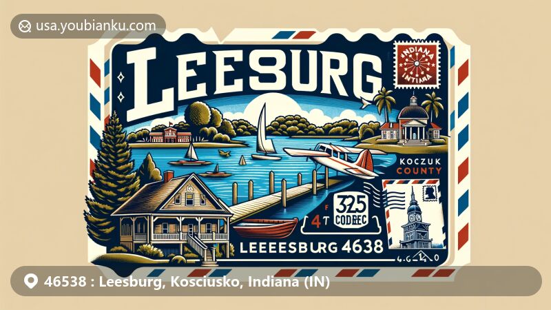 Modern illustration of Leesburg, Kosciusko County, Indiana, featuring Banning Lake and Heron Lake, Leesburg Historic District, Indiana state flag, and stylized postal theme with ZIP code 46538.