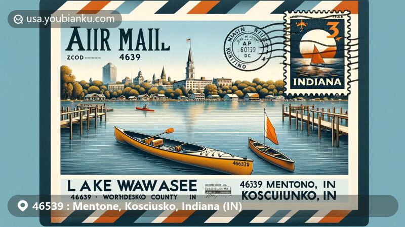Modern illustration of Mentone, Kosciusko County, Indiana, showcasing postal theme with ZIP code 46539, featuring Lake Wawasee and Warsaw city skyline, integrating Kosciusko County and Indiana state symbols.