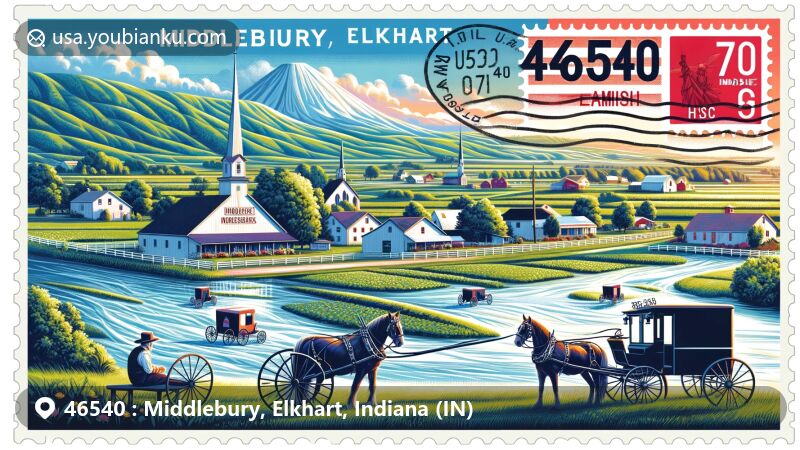Modern illustration of Middlebury, Elkhart, Indiana, featuring scenic views of rolling hills, farmland, and the Little Elkhart River, showcasing Amish culture with horse-drawn buggies and Das Dutchman Essenhaus.