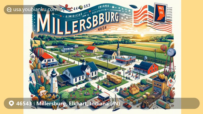 Modern illustration depicting the small-town charm and agricultural richness of Millersburg, Indiana, ZIP code 46543, showcasing family values, vibrant community life, and a creatively designed postal element with ZIP code prominently featured.