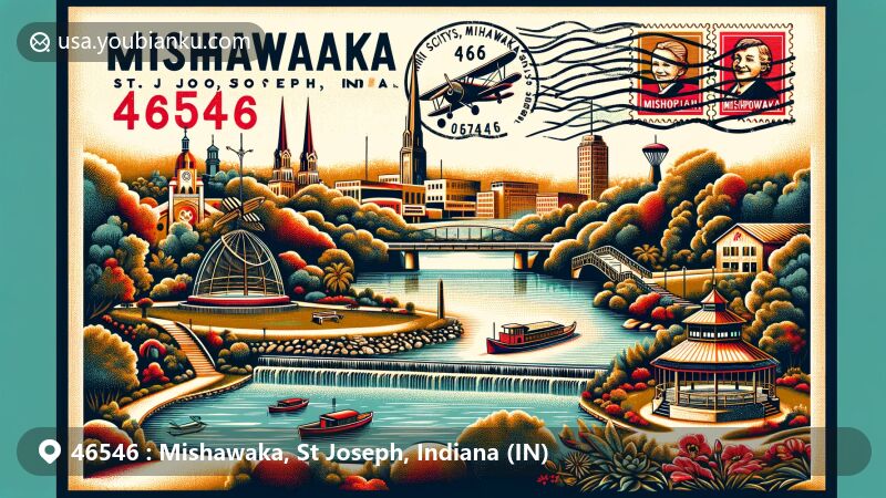 Modern illustration of Mishawaka, St. Joseph, Indiana, showcasing postal theme with ZIP code 46546, featuring landmarks like Battell Park, Shiojiri Niwa Japanese Garden, and scenic St. Joseph River scenes.