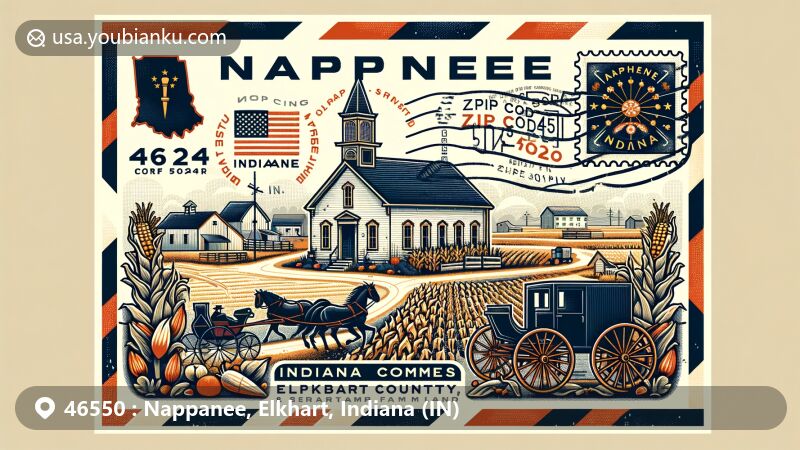 Modern illustration of Nappanee, Indiana, in Elkhart County, showcasing airmail envelope design with ZIP code 46550. Features include Amish culture, Coppes Commons, farmland, Indiana state flag, Elkhart County outline, cornfields, and Amish buggies.