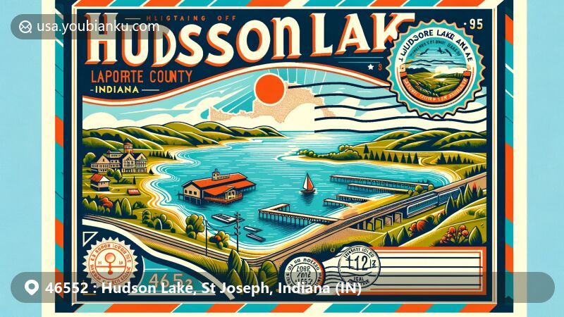 Modern illustration of Hudson Lake, LaPorte County, Indiana, portraying a postal-themed postcard with natural landscapes, maps, and postal elements, including a stamp with a view of Hudson Lake and a postal mark with ZIP code 46552.