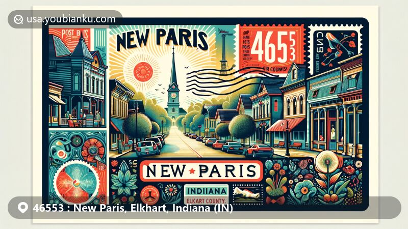 Modern illustration of New Paris, Indiana, showcasing postal theme with ZIP code 46553, featuring iconic Main Street and local landmarks, parks, and cultural symbols in Elkhart County. Includes stylized postage stamps with local imagery and a postmark marking the current year.