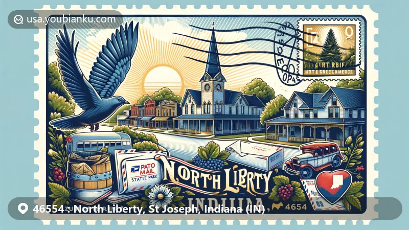 Modern illustration of North Liberty, St. Joseph County, Indiana, with focus on historic architecture, natural beauty of Potato Creek State Park, and creative postal elements representing ZIP code 46554.