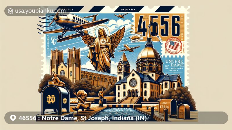 Modern illustration of the Notre Dame area in St. Joseph County, Indiana, highlighting iconic landmarks of the University of Notre Dame and postal elements, including the Golden Dome, Touchdown Jesus mural, Basilica of the Sacred Heart, St. Mary's and St. Joseph's Lakes, vintage airmail envelope, ZIP code '46556' postage stamp, postal cancellation mark, and classic American mailbox.
