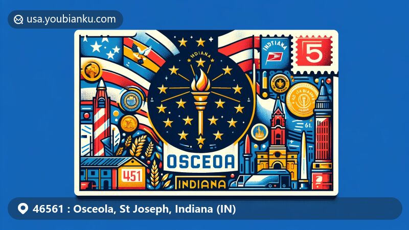 Modern illustration of Osceola, St Joseph, Indiana, showcasing a creative postcard design with ZIP code 46561, featuring Indiana state flag, local landmarks, and postal elements.