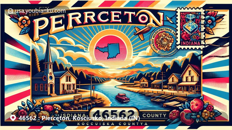 Modern illustration of Pierceton, Kosciusko County, Indiana, capturing the essence of the U.S. postal code 46562, with a blend of lake culture and antique charm, featuring Indiana state symbols and a vintage postcard design.
