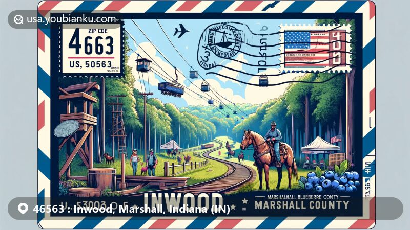 Modern illustration of Inwood, Marshall County, Indiana, capturing the essence of ZIP code 46563 with a forested setting, nods to local history through railroad imagery, and elements symbolizing outdoor activities like horseback riding and zip-lining.