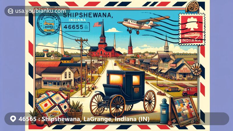 Modern illustration of Shipshewana, Indiana, featuring Amish buggy, flea market, quilts, downtown area, and Indiana state flag, with postal elements like stamps, ZIP code 46565, and old-fashioned mailbox.