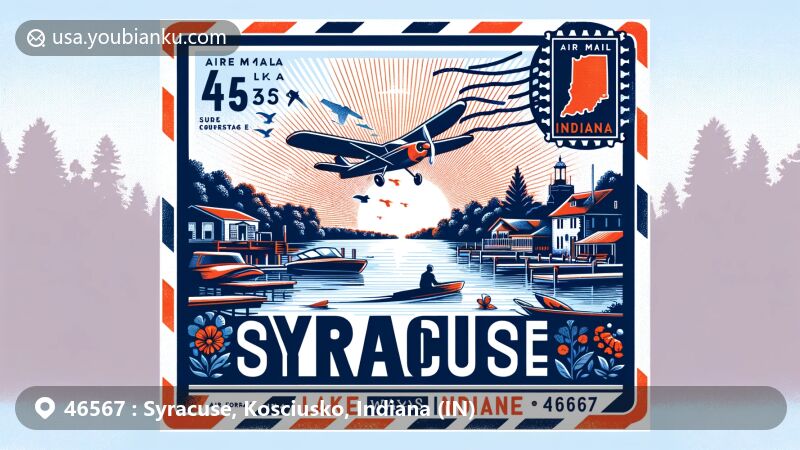 Modern illustration of Syracuse, Indiana, showcasing postal theme with ZIP code 46567 and featuring Lake Wawasee and Lake Syracuse, air mail envelope design with Indiana stamp.