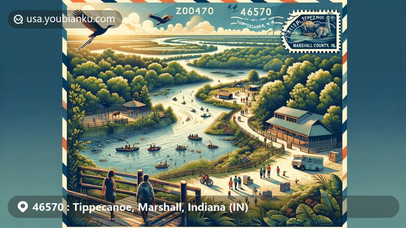 Modern illustration of Tippecanoe, Marshall County, Indiana, showcasing natural beauty of Potawatomi Wildlife Park with diverse wildlife, lush greenery, and iconic Tippecanoe River.
