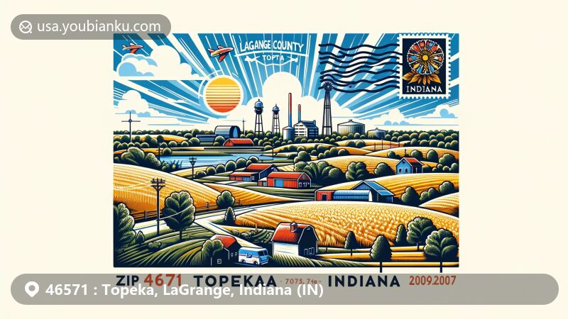 Modern illustration of Topeka, LaGrange County, Indiana, featuring postal theme with ZIP code 46571, showcasing rural landscape and local charm.