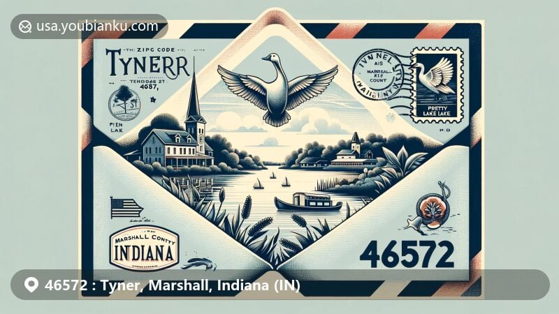 Modern illustration of Tyner, Marshall County, Indiana, showcasing postal theme with ZIP code 46572, featuring Pretty Lake and symbolic elements of Indiana like the state flag and agriculture.