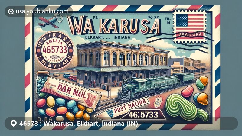 Modern illustration of Wakarusa, Elkhart, Indiana, inspired by vintage air mail envelope design, featuring historical Wabash Railroad, Wakarusa Dime Store with jumbo jellybeans, and Indiana state flag.