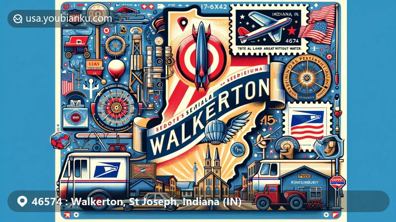 Modern illustration of Walkerton, Indiana, showcasing postal theme with ZIP code 46574, capturing historical landmarks, geographical features, and US Postal Service icons.