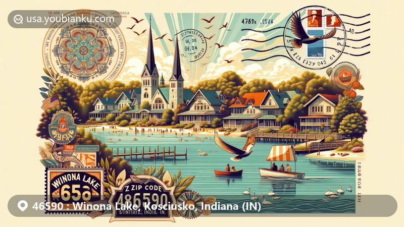 Modern illustration of Winona Lake, Indiana, showcasing historic district, Billy Sunday Home, The Village at Winona, and postal elements like air mail envelope and stamps with ZIP code 46590.