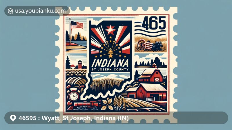 Modern illustration of Wyatt, St Joseph County, Indiana, showcasing postal theme with ZIP code 46595, featuring Indiana state flag, St Joseph County silhouette, agricultural heritage, and northern Indiana's natural beauty.